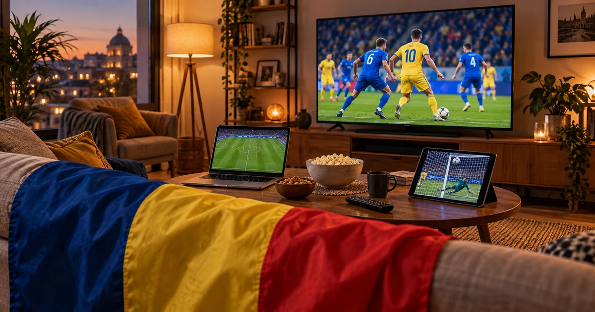 Televizor, laptop și tabletă cu fotbal într-un living cald, cu tricolorul românesc drapat pe canapea