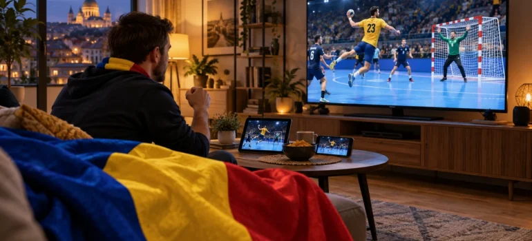 Suporter privind handbal masculin pe televizor, cu tabletă, telefon și tricolor românesc drapat pe canapea