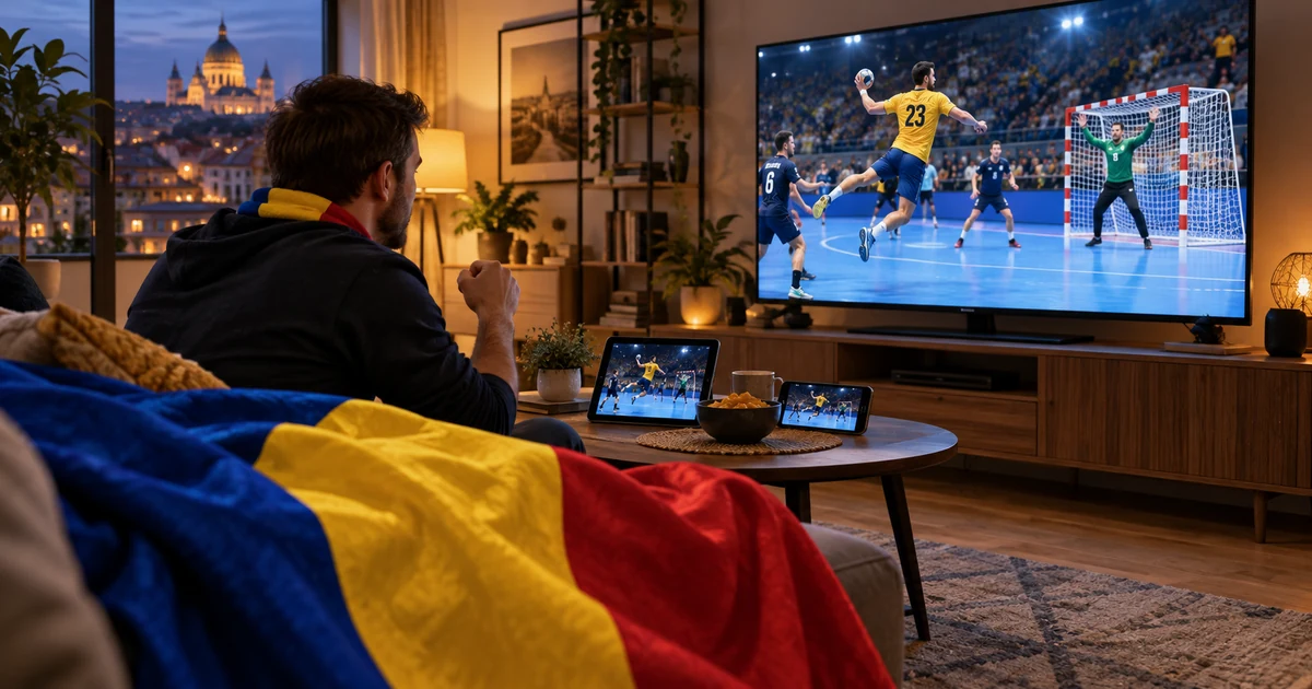 Suporter privind handbal masculin pe televizor, cu tabletă, telefon și tricolor românesc drapat pe canapea