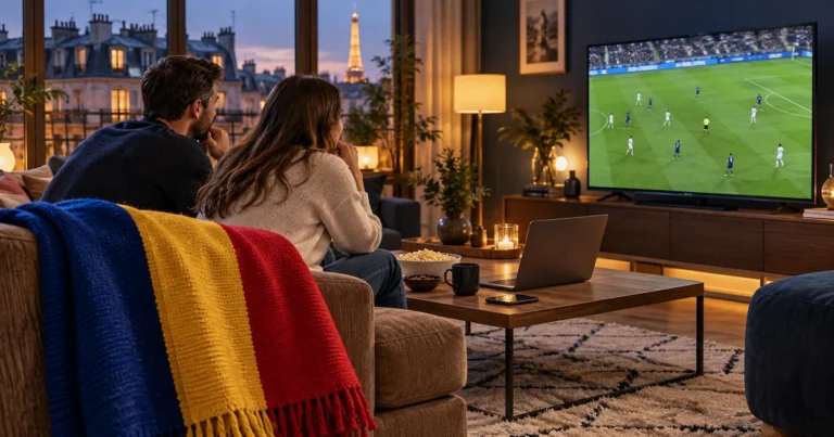 Cuplu urmărind fotbal pe televizor într-un living cu laptop, telefon și tricolor românesc drapat pe fotoliu