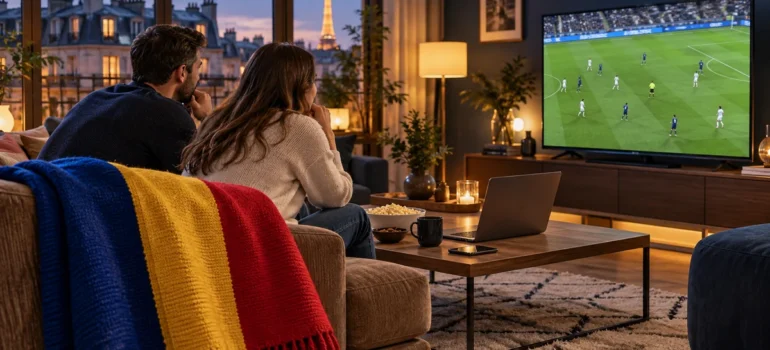 Cuplu urmărind fotbal pe televizor într-un living cu laptop, telefon și tricolor românesc drapat pe fotoliu