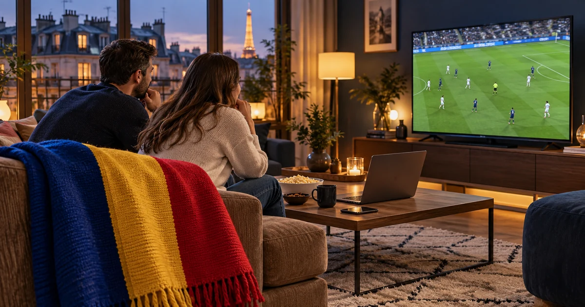 Cuplu urmărind fotbal pe televizor într-un living cu laptop, telefon și tricolor românesc drapat pe fotoliu