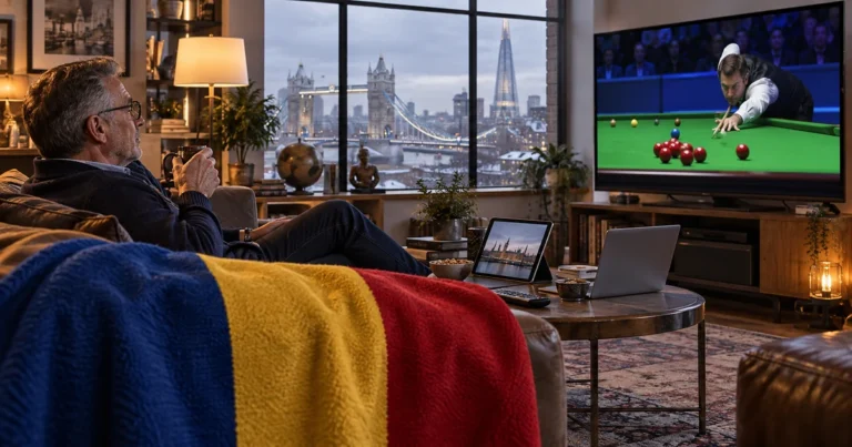 Bărbat cu ochelari și cană de ceai privește snooker la televizor, cu tabletă, laptop și tricolor pe canapea