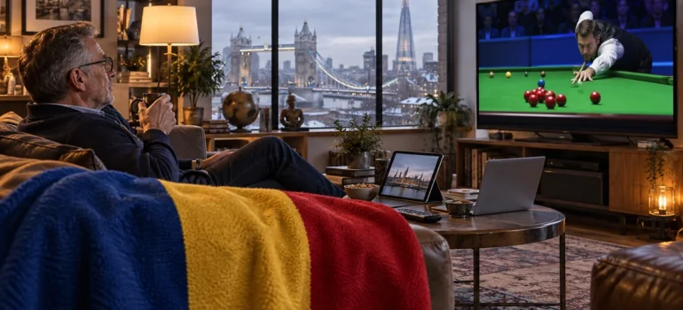 Bărbat cu ochelari și cană de ceai privește snooker la televizor, cu tabletă, laptop și tricolor pe canapea