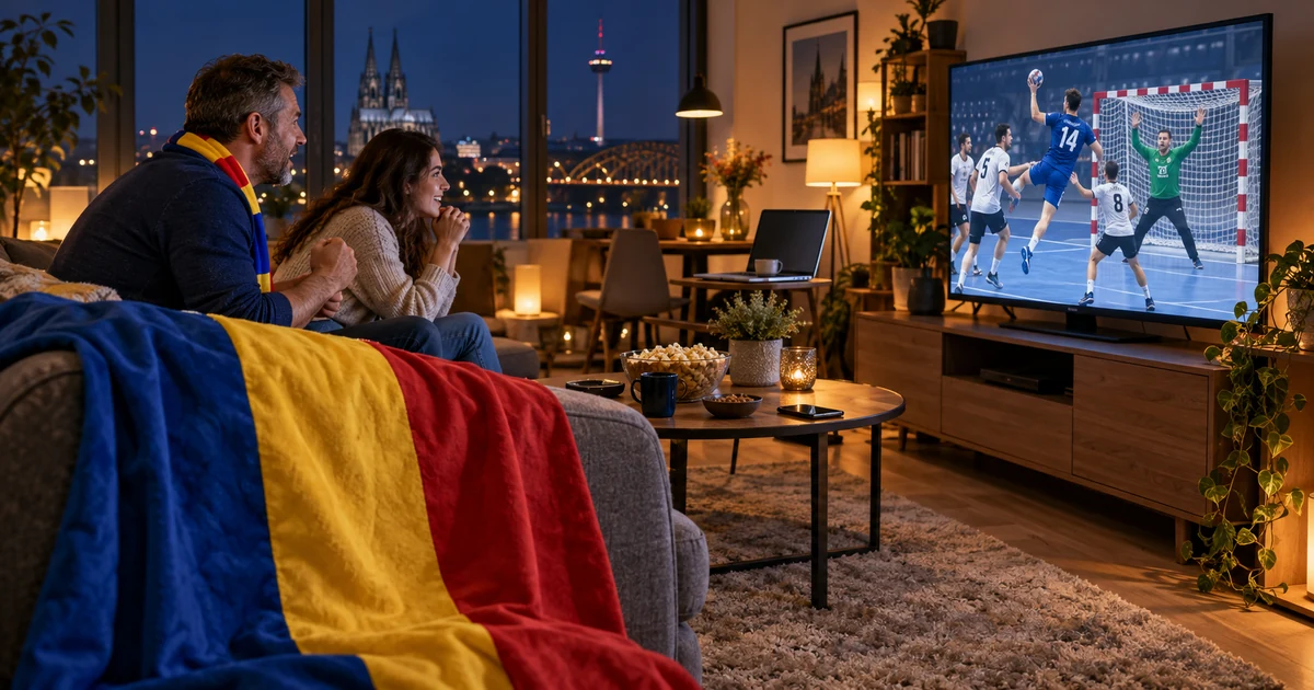 Doi suporteri urmăresc handbal masculin ilustrativ pe televizor, lângă laptop, telefon și tricolor românesc