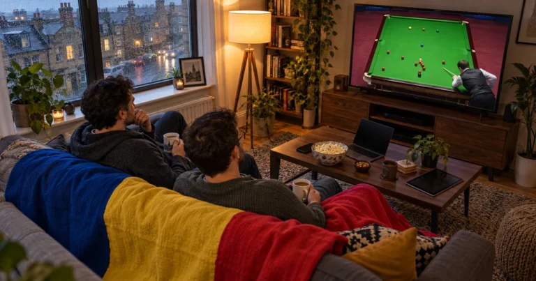 Doi adulți urmăresc snooker la televizor, cu laptop, tabletă și o pătură tricoloră pe canapea