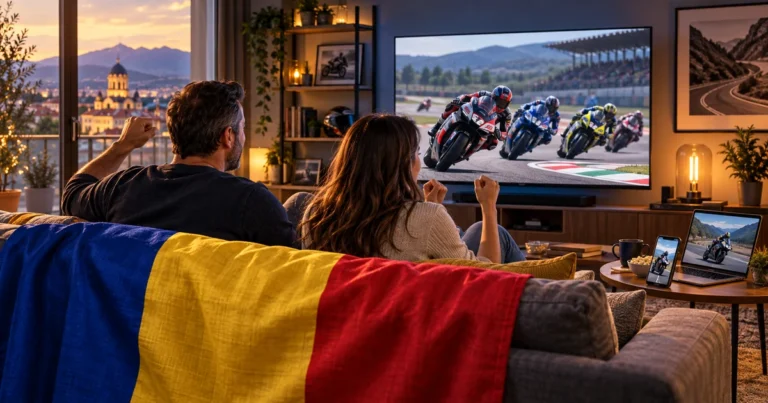 Tată și fiică adultă urmăresc motociclism într-un living, cu televizor, laptop, telefon și pled tricolor