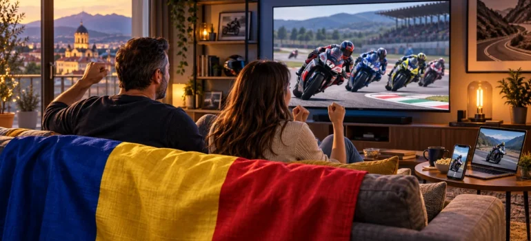 Tată și fiică adultă urmăresc motociclism într-un living, cu televizor, laptop, telefon și pled tricolor