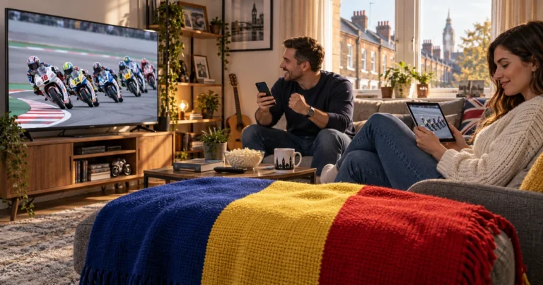 Doi adulți urmăresc motociclism la televizor într-un living britanic, cu tabletă, telefon și material tricolor