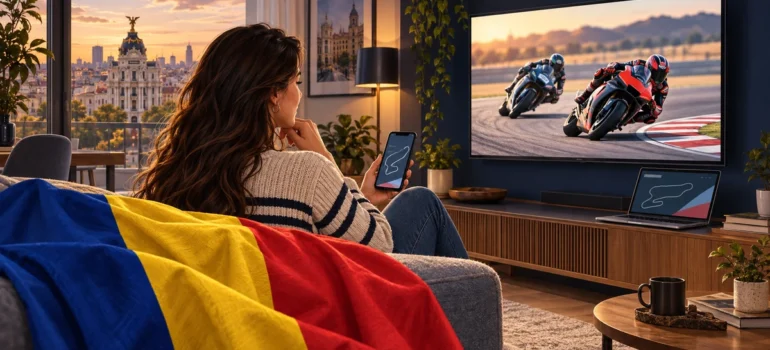 Femeie urmărește motociclism la televizor și consultă telefonul, lângă un laptop și un pled tricolor