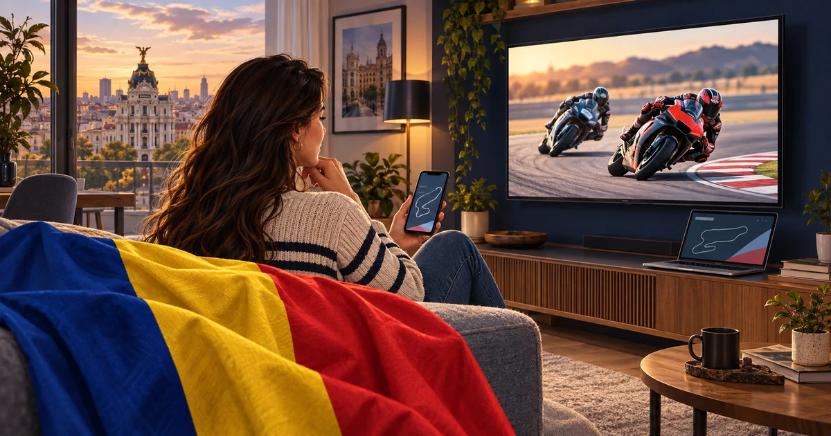 Femeie urmărește motociclism la televizor și consultă telefonul, lângă un laptop și un pled tricolor
