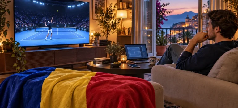 Tânăr adult privește tenis la televizor într-un living, cu laptop, telefon și tricolor românesc drapat pe taburet