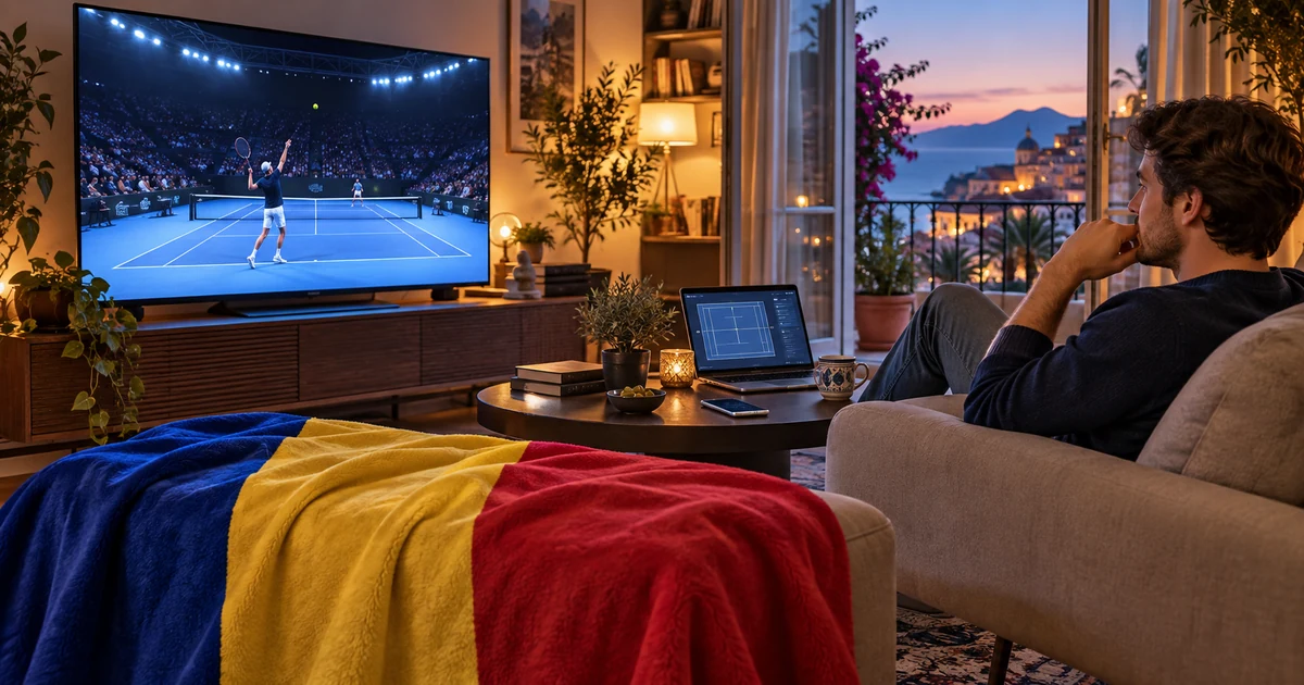 Tânăr adult urmărește tenis ilustrativ pe televizor, cu laptop, telefon și tricolor românesc în living