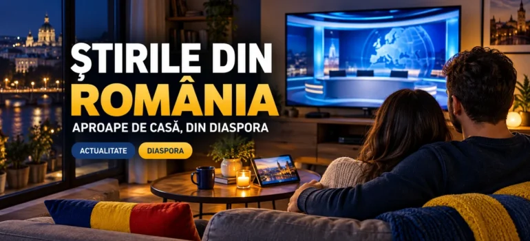 Cuplu privit din spate, într-un living cu accente tricolore, urmărește un televizor cu un studio generic de știri; textul Știrile din România.