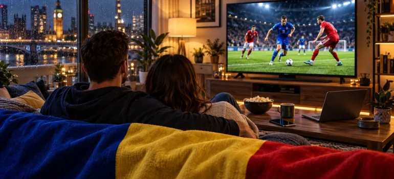 Cuplu urmărind fotbal pe televizor într-un living, cu laptop, telefon și tricolor românesc în prim-plan
