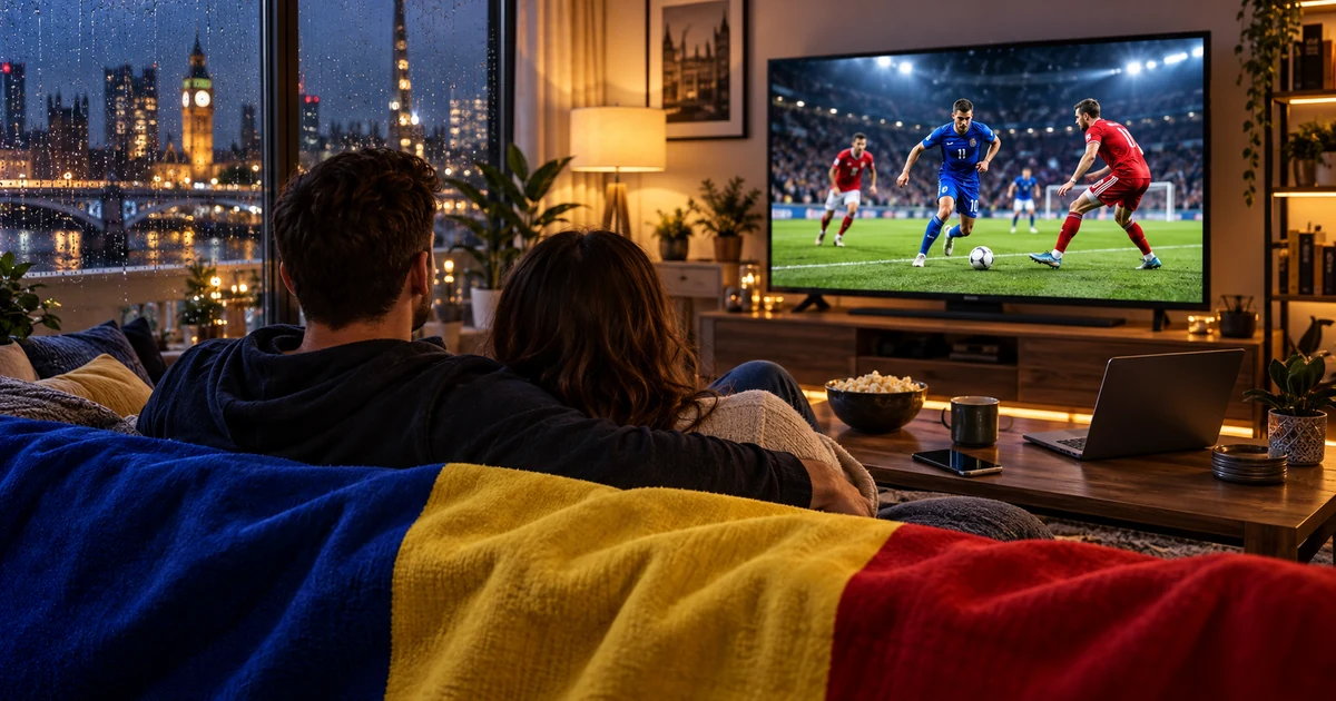 Cuplu urmărind fotbal pe televizor într-un living, cu laptop, telefon și tricolor românesc în prim-plan
