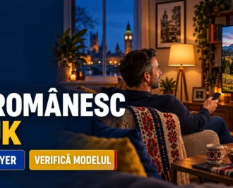 Bărbat cu telecomandă într-un living din UK, televizor cu peisaj montan, box și tabletă, lângă textul TV românesc în UK.