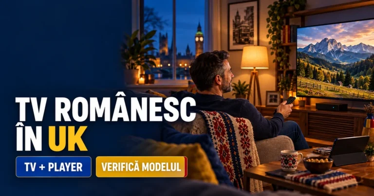 Bărbat cu telecomandă într-un living din UK, televizor cu peisaj montan, box și tabletă, lângă textul TV românesc în UK.