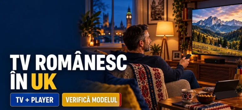 Bărbat cu telecomandă într-un living din UK, televizor cu peisaj montan, box și tabletă, lângă textul TV românesc în UK.