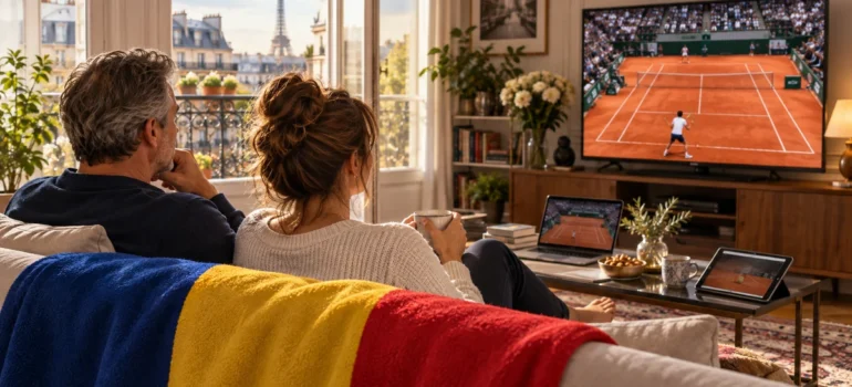 Cuplu privește tenis pe zgură la televizor într-un apartament parizian, cu laptop, tabletă și tricolor pe canapea