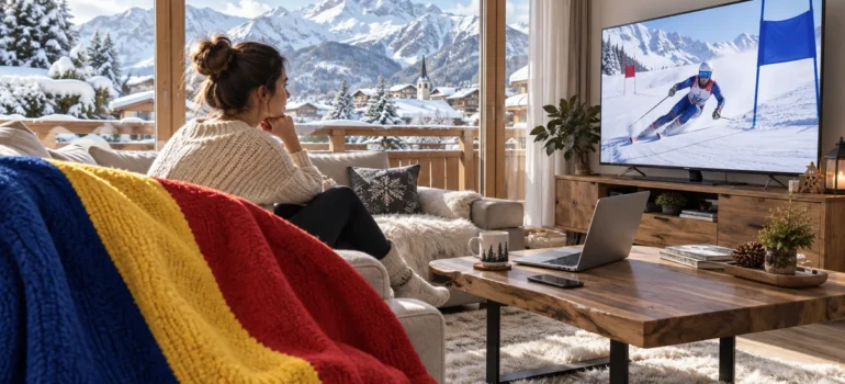 Femeie urmărește schi alpin la televizor într-un living cu vedere spre munți, laptop, telefon și pătură tricoloră