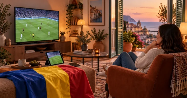 Utilizatoare privind fotbal pe televizor într-un living mediteraneean, cu tabletă, telefon și tricolor românesc în prim-plan