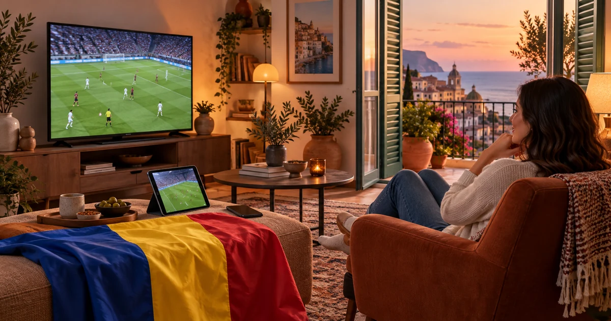 Utilizatoare privind fotbal pe televizor într-un living mediteraneean, cu tabletă, telefon și tricolor românesc în prim-plan