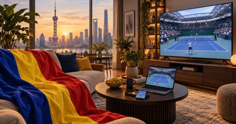 Tenis pe televizor și dispozitive într-un living luminos, cu tricolor românesc drapat pe canapea