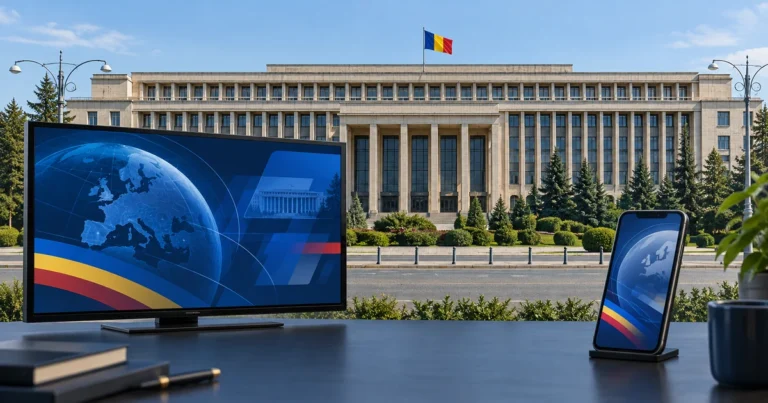 Ilustrație cu Palatul Victoria și steagul României în fundal, un televizor și un telefon cu grafică abstractă de actualitate în prim-plan.