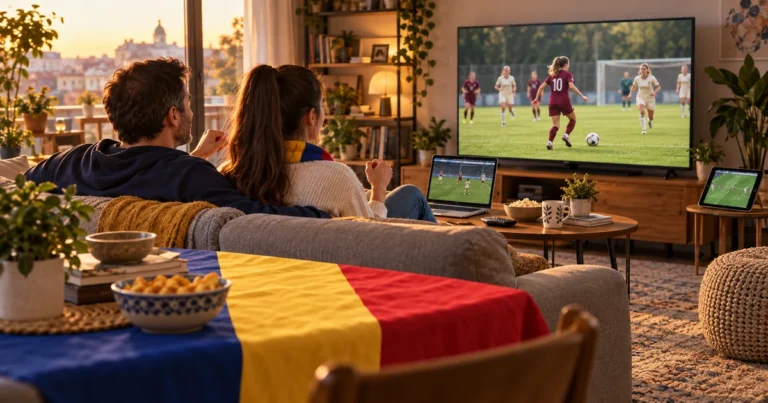 Tată și fiică adultă urmăresc fotbal feminin într-un living cu televizor, laptop, tabletă și tricolor românesc