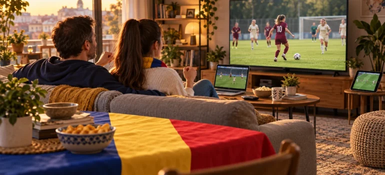 Tată și fiică adultă urmăresc fotbal feminin într-un living cu televizor, laptop, tabletă și tricolor românesc