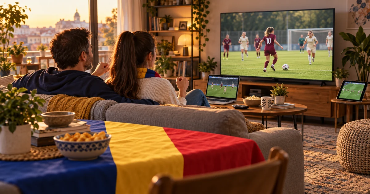Tată și fiică adultă urmăresc fotbal feminin într-un living cu televizor, laptop, tabletă și tricolor românesc