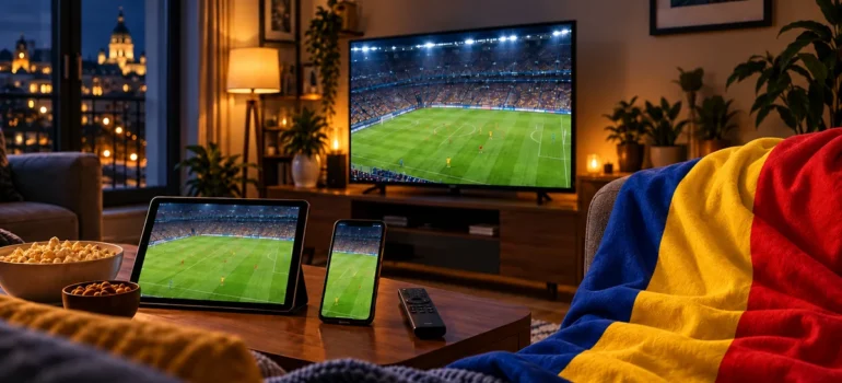 Tricolorul României drapat pe canapea, alături de televizor, tabletă și telefon cu fotbal