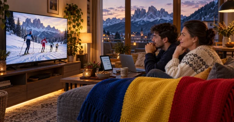 Mamă și fiu adult urmăresc schi fond la televizor într-un living cu tabletă, laptop și pătură tricoloră