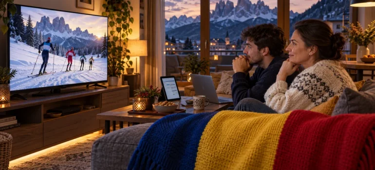 Mamă și fiu adult urmăresc schi fond la televizor într-un living cu tabletă, laptop și pătură tricoloră