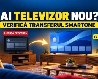 Două televizoare într-un living modern, legate de o săgeată, cu mesajul «Ai televizor nou? Verifică transferul SmartOne».