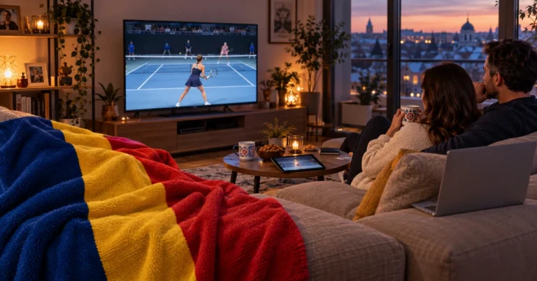 Cuplu urmărește tenis feminin la televizor, cu tabletă și laptop lângă canapeaua acoperită de tricolor românesc
