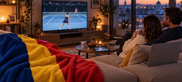 Cuplu urmărește tenis feminin la televizor, cu tabletă și laptop lângă canapeaua acoperită de tricolor românesc
