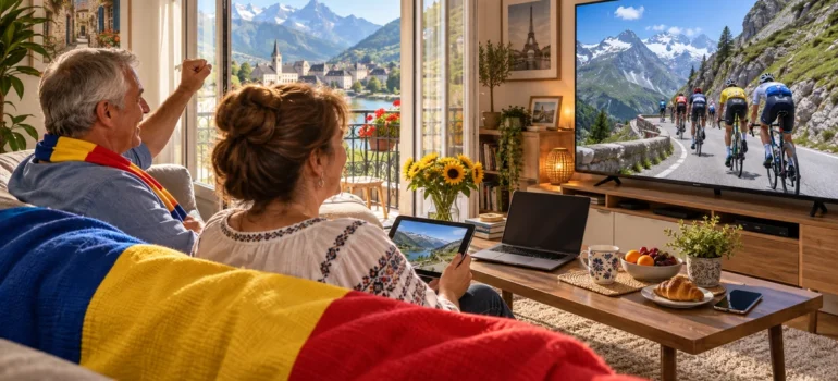 Cuplu urmărește ciclism montan pe șosea la televizor, cu tabletă, laptop și pled tricolor în living
