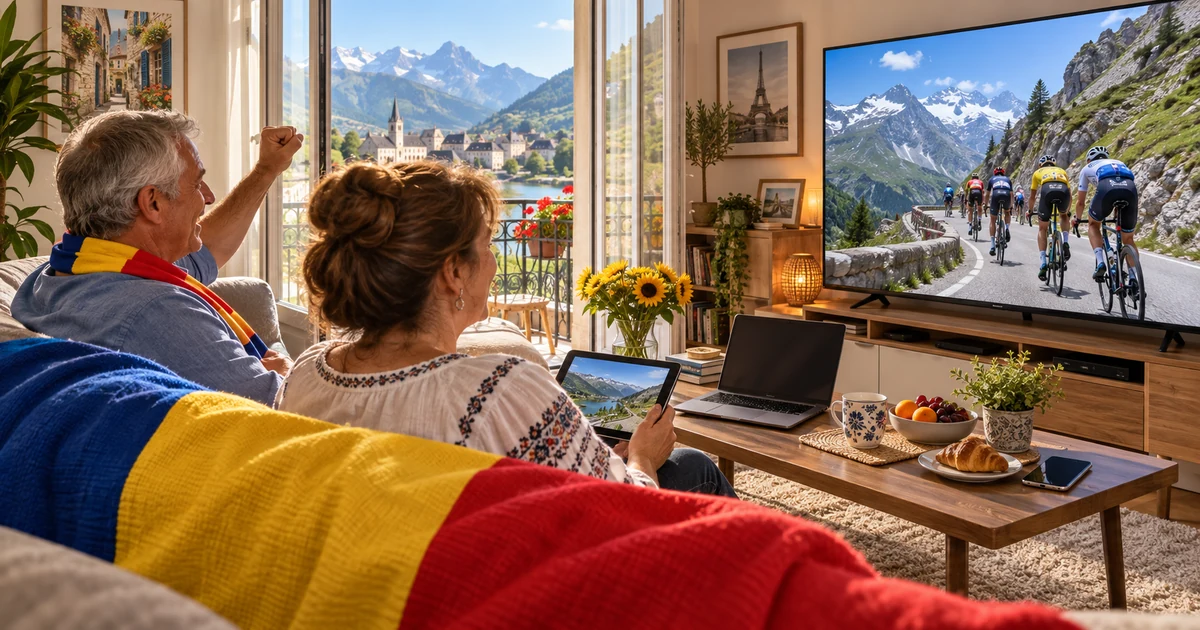 Cuplu urmărește ciclism montan pe șosea la televizor, cu tabletă, laptop și pled tricolor în living