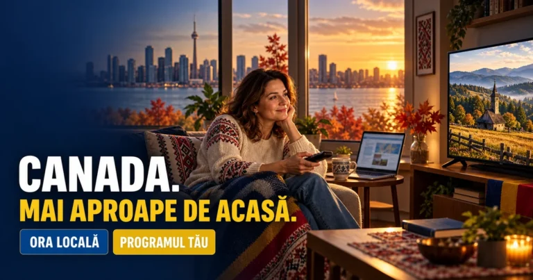 Femeie cu telecomandă lângă televizor și laptop, într-un living cu vedere spre un oraș canadian și textul Canada. Mai aproape de acasă.
