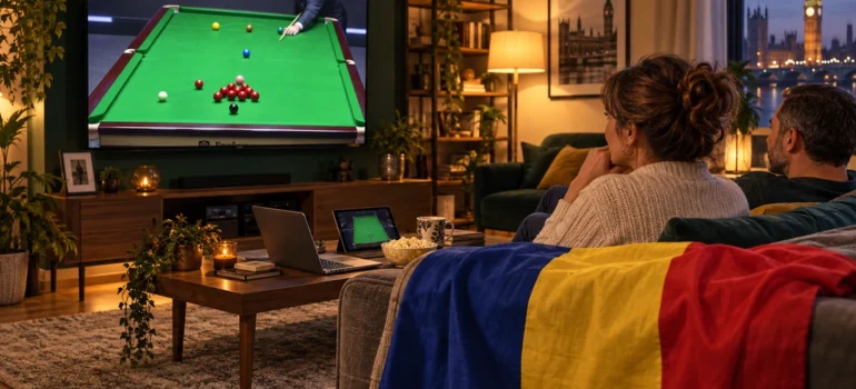 Cuplu urmărește o masă de snooker la televizor, cu laptop și tabletă pe măsuță și tricolor românesc pe canapea