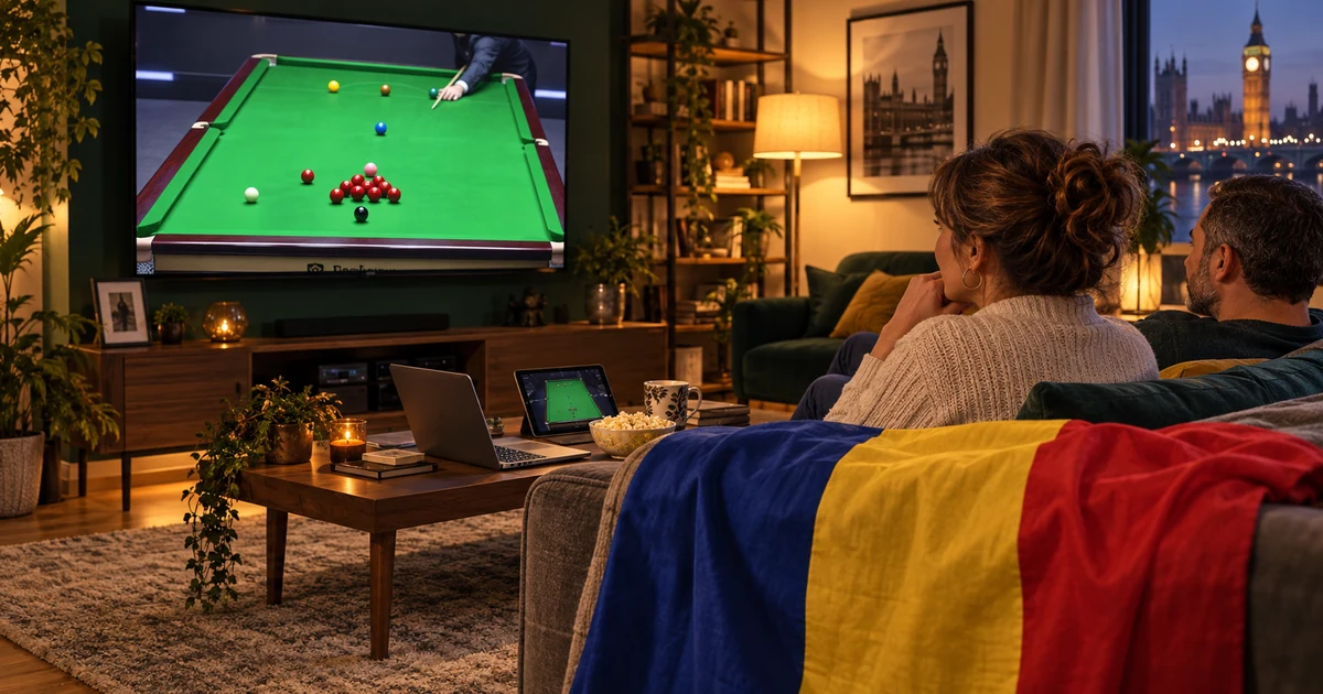 Cuplu urmărește snooker la televizor într-un living cu laptop, tabletă și tricolor românesc