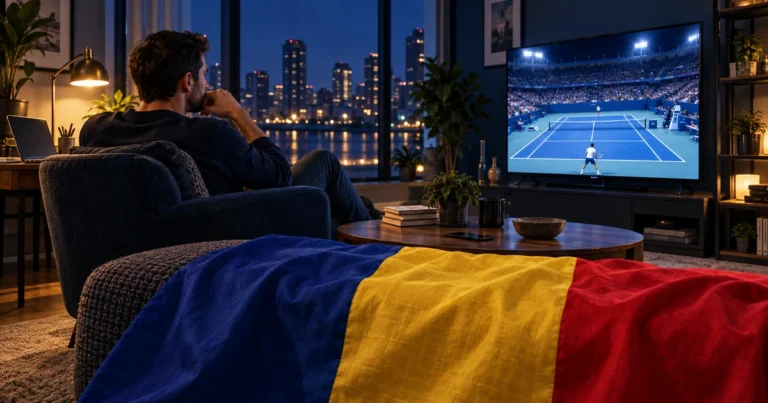 Bărbat privește tenis pe teren albastru la televizor într-un living nocturn, cu laptop, telefon și tricolor în prim-plan