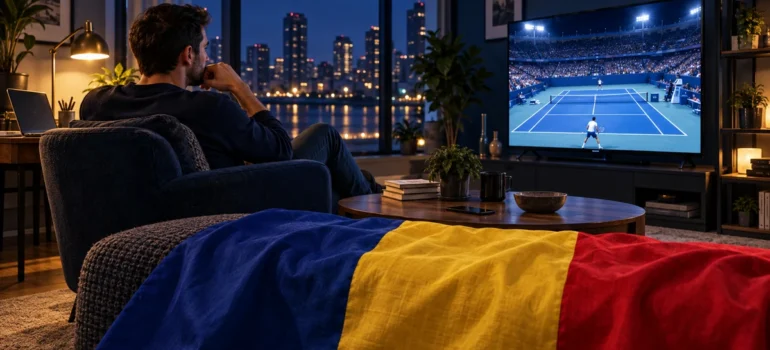 Bărbat privește tenis pe teren albastru la televizor într-un living nocturn, cu laptop, telefon și tricolor în prim-plan