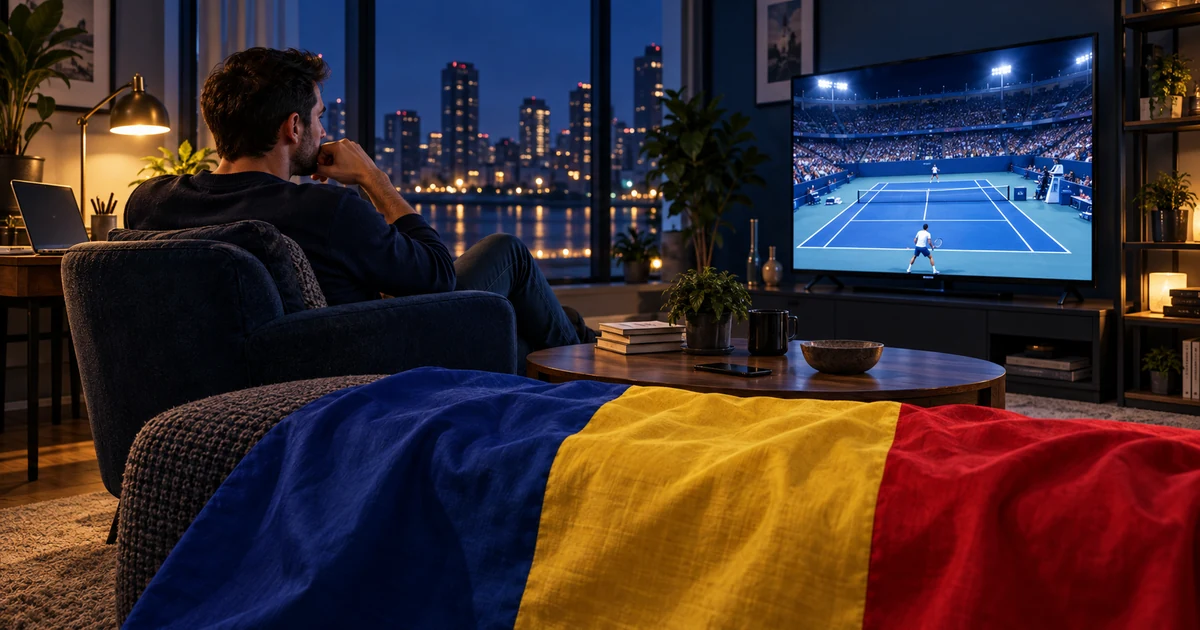 Bărbat urmărește tenis pe teren albastru la televizor, într-un living nocturn cu laptop, telefon și tricolor românesc