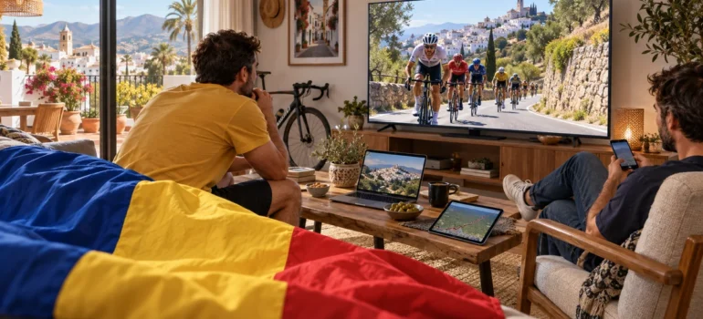 Doi prieteni urmăresc ciclism la televizor într-un living spaniol, cu laptop, tabletă, telefon și pled tricolor