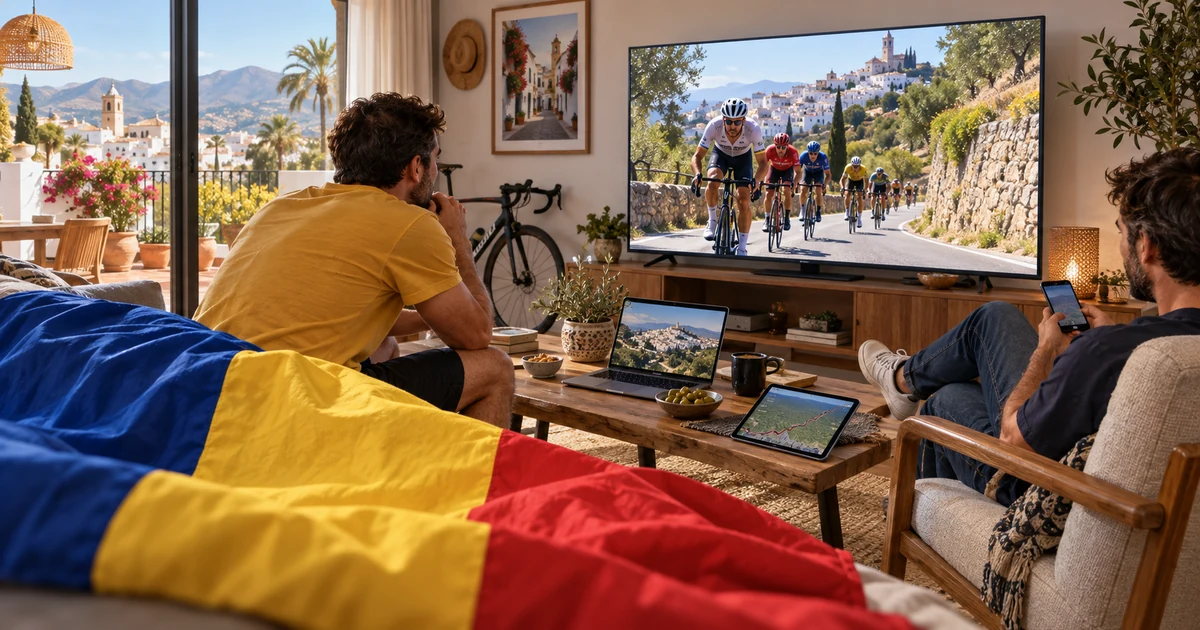 Doi prieteni urmăresc ciclism la televizor într-un living spaniol, cu laptop, tabletă, telefon și pled tricolor