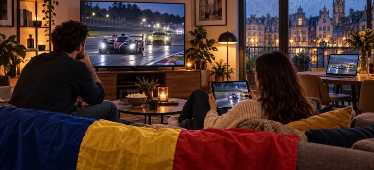 Cuplu urmărește automobile de anduranță la televizor, cu laptop, tabletă și pled tricolor într-un living