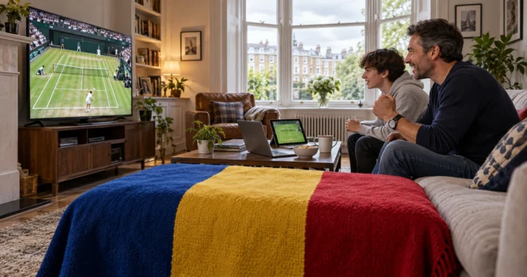 Tată și fiu urmăresc tenis pe iarbă la televizor într-un living britanic, cu tabletă, laptop și tricolor pe un taburet